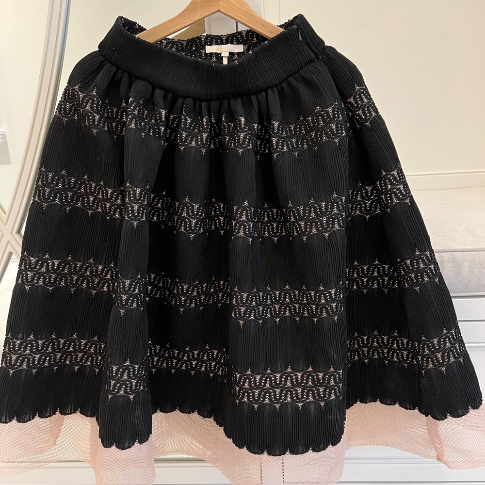 Maje Mesh Accent Knee Length Black and Pink Skirt - Size 2